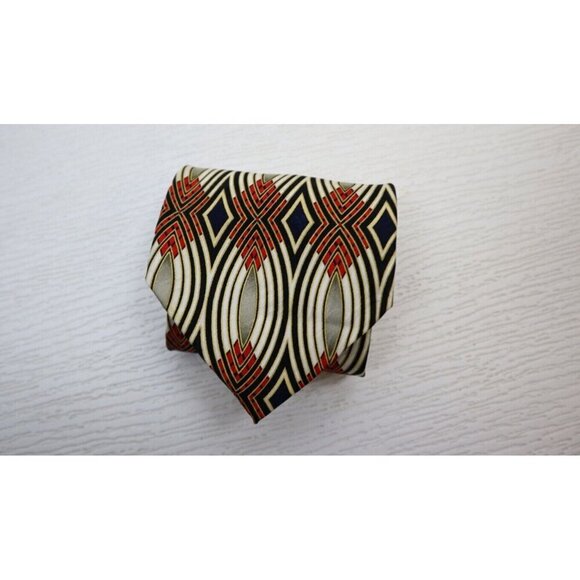DI MAGGIO - MEN'S CREAM RED GOLD GEOMETRIC PRINT 100% SILK TIE - Picture 2 of 7